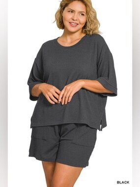 B42 ZENANA CORDED RIB SHORT SLEEVE TEE & SHORT PANTS SET Plus Size  NEW - Black